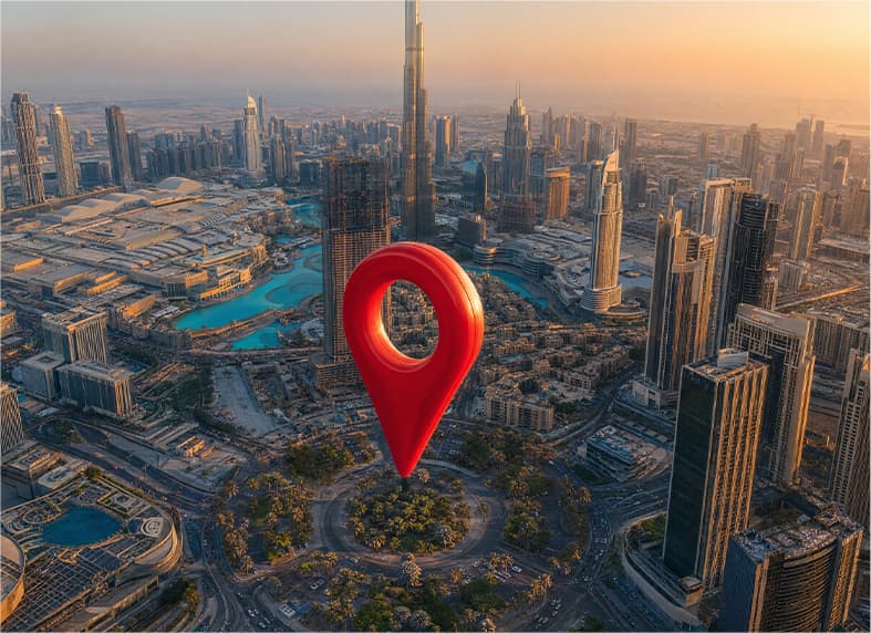Aerial view of UAE with a location pin