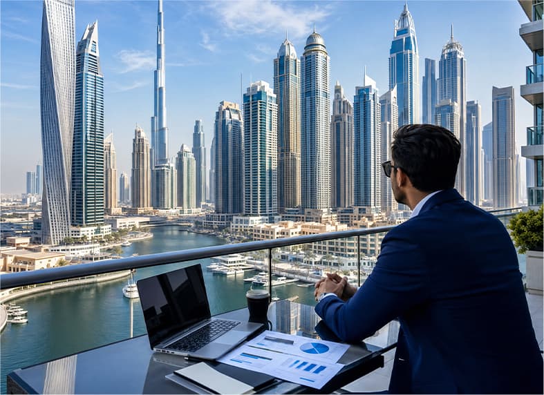 Buyer researching the UAE properties from an office