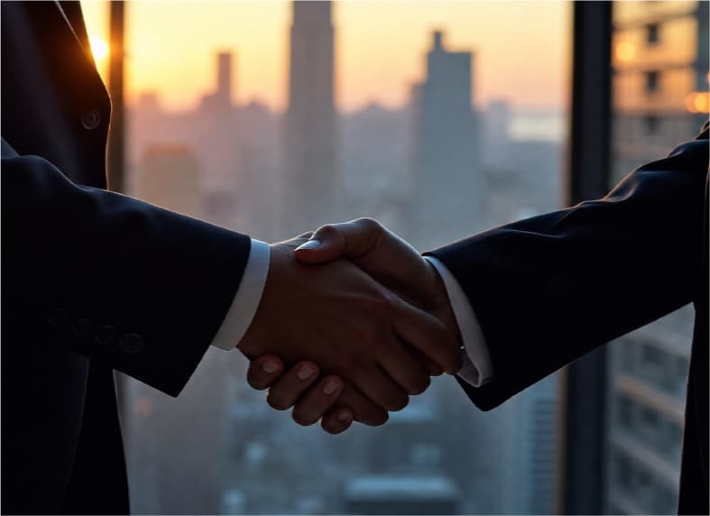 Business handshake over a city view